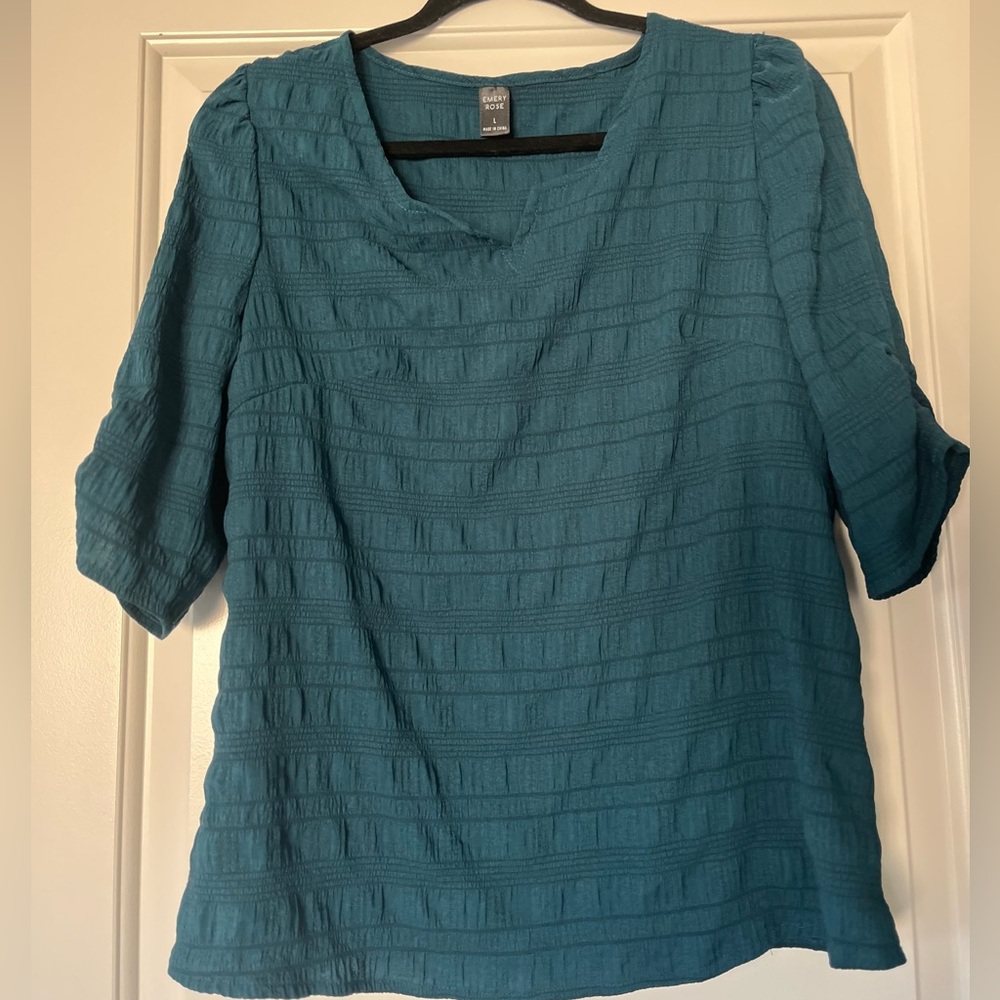 SHEIN Emery Rose turquoise blouse sleeves notched v-neck top shirt dark green - Picture 3 of 3
